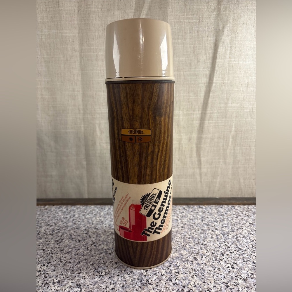*New Vintage 60s 70s Metal Wood Grain Thermos King Seeley Soup Cup Cooler